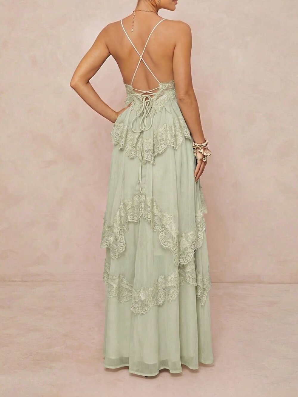 Pastel Green Elegant Women's Adjustable Strap Chiffon Dress with Contrast Lace - Picture 2 of 9